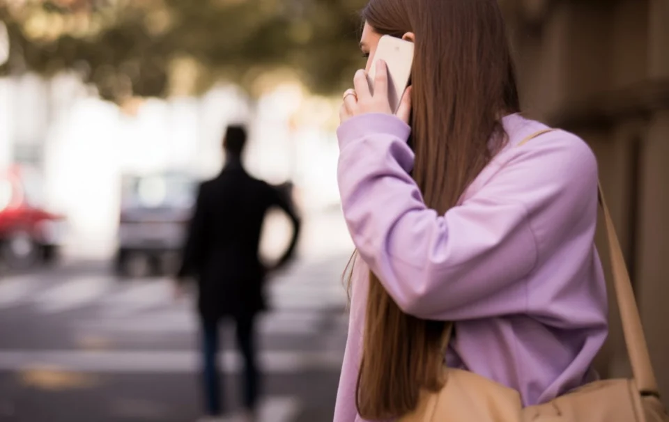 Woman on her phone glancing back at a person following her down the street