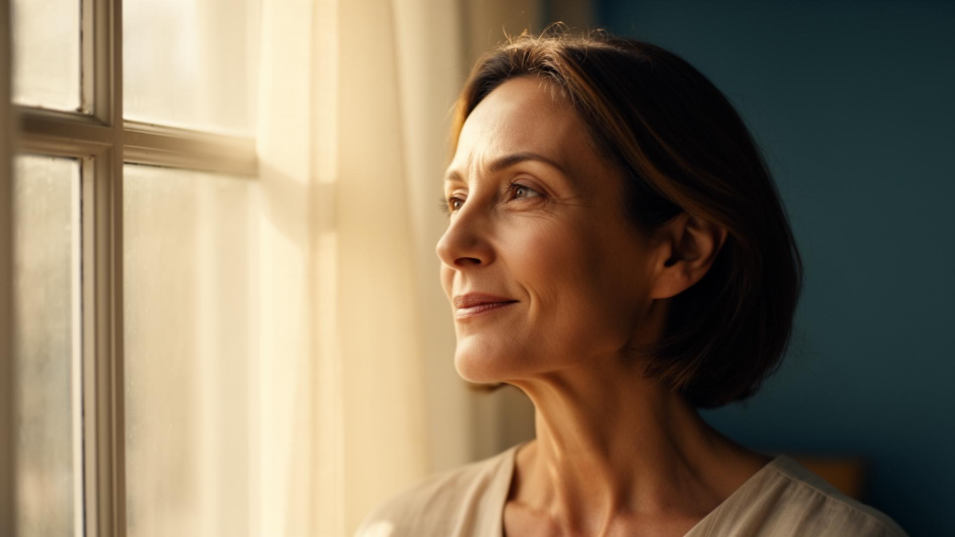 A woman gazing thoughtfully out a sunlit window
